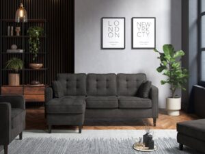 A charcoal sofa in a room