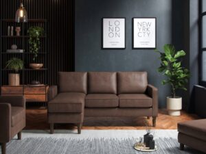 Brown corner sofa in a dark room